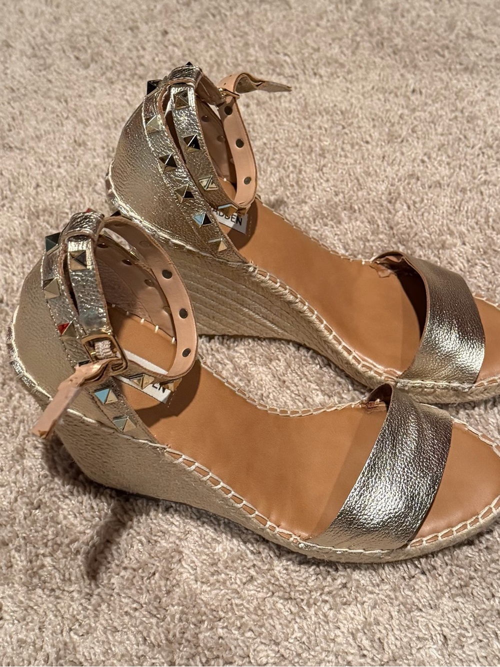 Steve Madden Metallic Gold Espadrille Wedge Sandals with Studded Ankle Straps